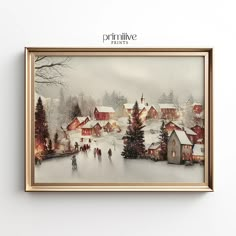 a painting of people walking in the snow with houses and trees behind them on a white wall