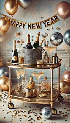 a new year's eve party with champagne and confetti on the table