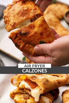 two pictures with different types of food in them and the words air fryer calzones