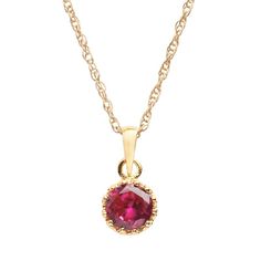 "Pendant Details: Pendant length: .53 in. Necklace length: 18 in. Clasp: spring-ring Metal: 14k gold over sterling silver Stone Details: Stone type: lab-created ruby Cut: round Setting: prong  Size: 18"". Color: Red. Gender: female. Age Group: adult." Classic Necklace With Lab-created Ruby, Classic Ruby Necklace With Diamond Cut, Red Birthstone Necklace, Formal Red Round Pendant Birthstone Necklace, Formal Red Birthstone Necklace With Round Pendant, Red Round Pendant Birthstone Necklace For Formal Occasions, Formal Ruby Birthstone Necklace, Classic Style Necklaces With Lab-created Ruby Gemstone, Classic Round Lab-created Ruby Necklaces