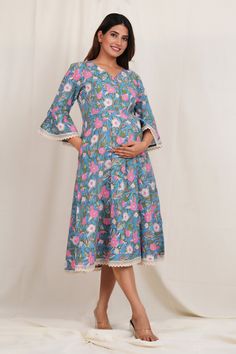 Floral Print Maternity Dress With Breast Feeding Zip Printed Cotton Pregnancy Wear Gown Nursing Kurtis Gifts For Mom. Floral Print Maternity Dress. Suitable for Pre and Post Pregnancy. With Concealed Zip for Ease in Nursing. Comfortable for Night and Day. Skin and Baby Safe Fabric.  100% Cotton Fabric. Size--XS, S, M, L, XL, 2XL, 3XL, 4XL, 5XL, 6XL. Length - 48 Inches. Hand block Print Fabric.  Customisation Can be Done.  Wash Care :  Do Not Soak or Tumble Dry. Cold Water Wash Using Mild Deterge Cotton Nursing Friendly Dresses For Maternity, Maternity Cotton Dress Nursing Friendly, Nursing-friendly Cotton Maternity Dresses, Cotton V-neck Maternity Dress, Maternity Floral Print Dresses With Empire Waist, Maternity Dresses With Floral Print And Empire Waist, Fitted Cotton Maternity Dress, Maternity Empire Waist Dresses Nursing Friendly, Maternity Nursing-friendly Empire Waist Dress