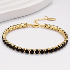 Elegant Personality Black Zircon Chain Bracelet, 18k Plated Classic Tennis Bracelet For Women Girls, Anniversary Wedding Jewelry Elegant Black Chain Bracelet With Adjustable Chain, Elegant Black Adjustable Chain Bracelet, Elegant Black Bracelet With Adjustable Chain, Elegant Black Chain Bracelet As Gift, Elegant Tennis Bracelet With Adjustable Chain For Party, Black Adjustable Elegant Gold Bracelet, Elegant Black Bangle Gold Bracelet, Elegant Adjustable Black Gold Bracelet, Elegant Black Adjustable Gold Bracelet