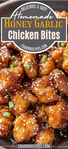 honey garlic chicken bites in a bowl with sesame seeds and green onions on the side