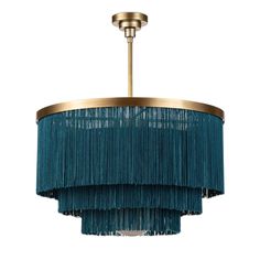 a blue chandelier with fringes hanging from it's center point, on a white background