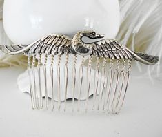 "Ms. Hepburn Swan Absolutely Fabulous! this stunning high quality hair comb measures 2 1/4\"x 2\". A gorgeous highly detailed silver plated swan stretches across the silver plated comb. the swan elegantly extends 3/4\" on each end. Look fabulous in the hair.  A welcome addition to any accessoies collection" Fantasy Book Inspiration, Dance In The Moonlight, Highlights Styles, Old Hollywood Hair, Fantasy Crown, Hair Retro, Silver Objects, Cute Animal Quotes, Hair Accessories Vintage