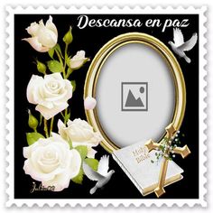 a postage stamp with white roses and a cross in the middle, on a black background