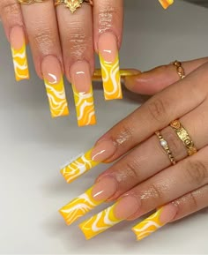 Marble Colored Acrylic Nails, Jelly Tints Nails, Blue And Yellow French Tip Nails, Acrylic Nails Ideas Yellow, Yellow Nail Inspo Acrylic, Cute Yellow Nail Ideas, Gel Nails With Designs, Long Vacation Nails, Yellow Acrylic Nails Designs