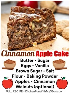 an advertisement for cinnamon apple cake on a cutting board