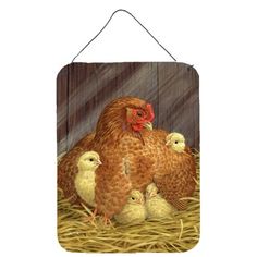 a chicken and her chicks are sitting in the hay on a wooden sign hanging from a wall