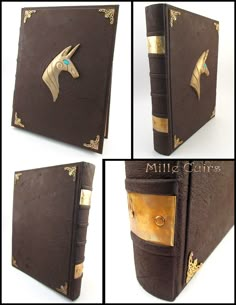 four different views of a brown book with gold trim