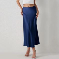 Seasonal Fave Satin Long Midi Skirt Elegant Non-stretch High-waist Pleated Skirt, Fitted Long Pleated Skirt In Solid Color, Fitted Long Skirt Solid Color, Blue Relaxed Skirt With Solid Color, Blue Solid Color Skirt, High Waist Solid Color Skirt For Night Out, Chic Non-stretch High Waist Skirt, Blue Non-stretch Pencil Skirt, Chic High-waist Non-stretch Skirt