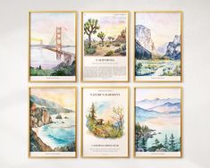 four watercolor paintings of the golden gate bridge