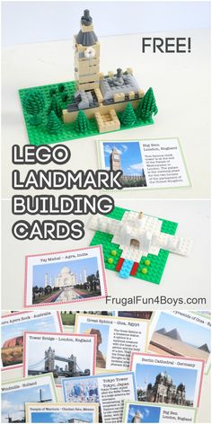 lego landmark building cards with instructions to build them