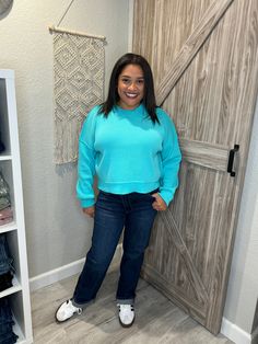 "Get cozy in style with this Aqua Blue Pullover Knit Mock Neck Sweater! Its cropped and oversized fit will keep you both warm and on-trend. Perfect for pairing with high-waisted jeans and boots for a relaxed yet chic look.(No itchy necks here!) Sizing is true to size, I'm in a size large for the perfect cozy feel. Blue Cropped Sweater For Fall, Oversized Blue Cropped Sweater, Casual Solid Cropped Sweater For Fall, Casual Cozy Fit Cropped Sweater With Ribbed Cuffs, Casual Solid Color Cropped Sweater For Fall, Trendy Cropped Blue Sweater, Blue Cozy Cropped Sweater In Soft Knit, Blue Cropped Sweater With Ribbed Cuffs For Fall, Oversized Cropped Sweater For Fall