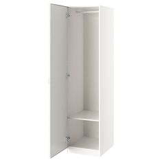 an empty white cabinet with shelves on each side