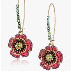 Betsey Johnson Dangle Earrings Featuring Long Ear Wire With Iridescent Stones And Pink Rose Drop Embellished With Delicate Mixed Stone Accents. Earrings Are Set In Gold-Tone Metal With A Shepherds Hook Closure. Gold-Tone Metal With Glass And Enamel Length: 2.25" Width: 0.8" Shepherds Hook Closure Pink Flower-shaped Metal Earrings, Pink Flower Metal Earrings, Multicolor Flower Shape Party Jewelry, Pink Metal Drop Flower Earrings, Pink Metal Earrings For Spring, Pink Flower Earrings For Evening, Pink Flower-shaped Evening Jewelry, Party Flower Earrings, Rose Red Flower Drop Earrings