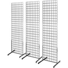 three black metal partitions with grid design on each side