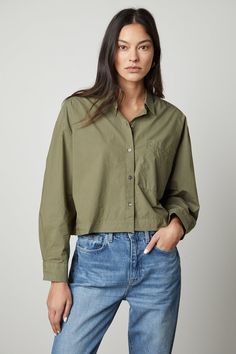 The LUCILLE CROPPED BUTTON-UP SHIRT in olive green by Velvet by Graham & Spencer. Cropped Button Up Shirt, Blouse Size Chart, Velvet Tees, La Fashion, A Button, Clothes Horse, Short Shirts, Contemporary Fashion, Fashion Labels