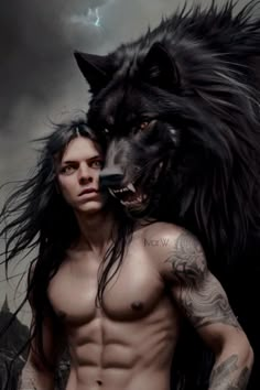 a man with long hair and tattoos standing next to a large wolf on his chest