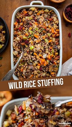 wild rice stuffing in a casserole dish with carrots and cranberries