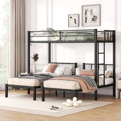 a black metal bunk bed sitting on top of a hard wood floor next to a white rug