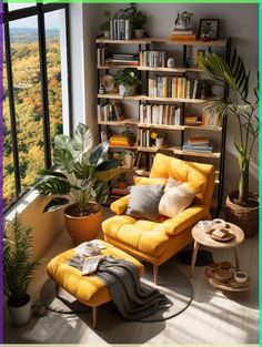 a yellow chair and ottoman in front of a window with bookshelves filled with plants