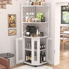 a corner cabinet with wine bottles on it