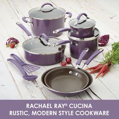 purple pots and pans on a white table