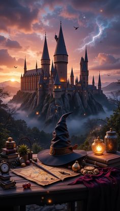 the wizard's hat sits on top of a table in front of a castle