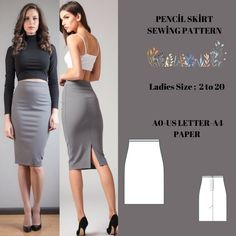 the pencil skirt sewing pattern is available in two sizes and has an asymmetrical cut