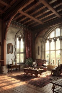 a living room with large arched windows and wooden flooring on the walls, along with an area rug that has been used as a coffee table