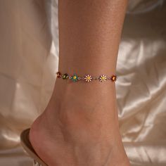 "Adorn her ankles with the charm of our Flowers Anklet - a delightful burst of color and cuteness that's as unique as she is! This ankle bracelet isn't just an accessory; it's a playful expression of style and femininity. Surprise her with the best gift for her - a charming addition to her ensemble that will make her smile every time she wears it. So cute, so perfect! #YOU MAY LIKE THIS Birthstone anklet https://www.etsy.com/listing/1545880373/birthstone-anklet-shiny-layered-chain whale tail ank Trendy Multicolor Anklets For Spring, Handmade Trendy Anklets For Spring, Trendy Handmade Anklets For Spring, Adjustable Anklets For Spring Gift, Adjustable Multicolor Anklets For Spring, Spring Adjustable Multicolor Anklets, Spring Multicolor Adjustable Anklets, Trendy Summer Anklets As A Gift, Trendy Anklets For Spring Season Gift