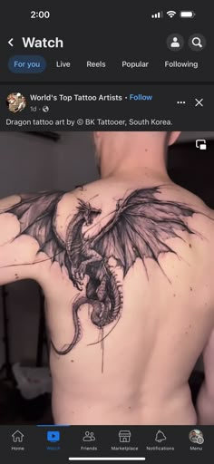 the back of a man with a dragon tattoo on his upper and lower half of his body