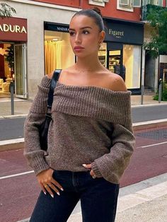 Long Sleeve Off Shoulder Sweater Loose Pullover Sweater, Long Sleeve Jumper, Loose Pullover, Cardigan Sweater Jacket, Off Shoulder Sweater, Elegant Chic, Crop Top Blouse, Brown Sweater, Cardigan Tops