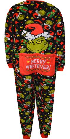 Time to feel Grinchy! This union suit style pajama for women features the much loved Grinch Who Stole Christmas on a black micro plush background with Christmas presents and stockings. There is even a drop seat that says 'Merry Whatever'. Machine washable and easy care. Missy cut. Grinch Pants, Merry Whatever, Womens Onesie, Grinch Pajamas, Dr Seuss Grinch, Grinch Who Stole Christmas, Union Suit, Lounge Pants Womens, Take Home Outfit