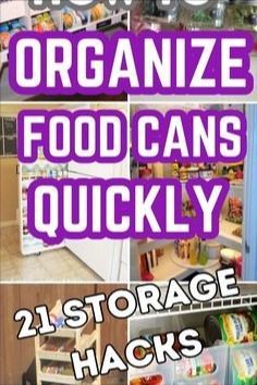 there are pictures of organized food cans in the kitchen, including refrigerators and shelves