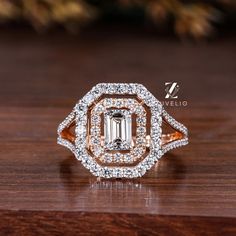 Celebrate your love with our Emerald Lab Grown Diamond Engagement Ring. This exquisite ring features a stunning emerald cut diamond, surrounded by a double halo of round cut diamonds, all set in luxurious 18kt rose gold. IGI certified for quality, this unique ring is perfect for an unforgettable anniversary or engagement, combining timeless elegance with modern sophistication. Lab Grown, Diamond Rings, Diamonds, Ring