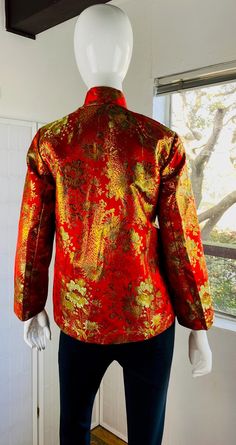 "Mannequin 4 Vintage Chinese red & gold silk rayon brocade jacket, 4-6. Good condition. Never worn. Size; 4/ 6 B; 36\" SL; 22\" L; 27\"" Fitted Red Blazer For Festive Occasions, Red Long Sleeve Festive Blazer, Red Silk Outerwear For Fall, Red Long Sleeve Blazer For Festive Occasions, Festive Red Long Sleeve Blazer, Red Fitted Silk Outerwear, Red Silk Fitted Outerwear, Festive Red Fitted Outerwear, Festive Fitted Red Outerwear