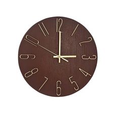 a wooden clock with roman numerals and numbers on the face, against a white background