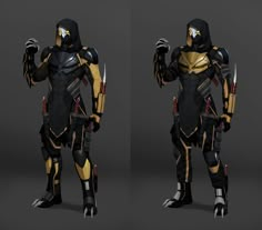 two different views of the armor worn by an animated character, one in black and gold