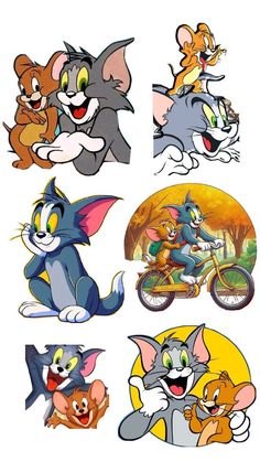 various cartoon cats and mice are depicted in this image, including one cat riding a bike