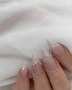 Diamond Cuticle Nails, Proposal Nails Square, Wedding Proposal Nails, White Sparkle Nails Designs, Glazed Nails With Pearls, Ring Stone Nails, Nails Acrylic For Bride, Neutral Nails With Diamonds, Ombre Gems Nails