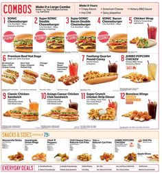 the menu for mcdonald's is shown in red and white, with lots of different foods