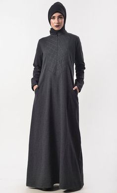 Black Long Sleeve Abaya For Fall, Long Sleeve Abaya With Modesty Panel For Fall, Fall Long Sleeve Abaya With Modesty Panel, Modest Long Abaya For Fall, Casual Long Abaya For Winter, Casual Long Winter Abaya, Modest Long Sleeve Gray Abaya, Casual Long Abaya For Fall, Casual Long Fall Abaya