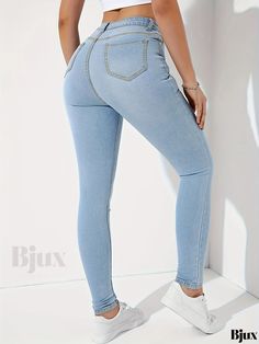 Bjux - Womens High-Waisted Blue Skinny Jeans with Slim Fit, Mid-Stretch Fabric, and Slant Pockets - Modern and Stylish Denim Apparel Fitted Denim Jeggings With Pockets, High Waist Denim Jeggings With Pockets, Slim Fitted Denim Blue Bottoms, Slim Fit Denim Blue Bottoms, High-waist Denim Jeggings With Pockets, Slim Stretch Medium Wash Bottoms, Slim Stretch Blue Bottoms, Non-stretch High Rise Jeggings, Slim Denim Blue Bottoms