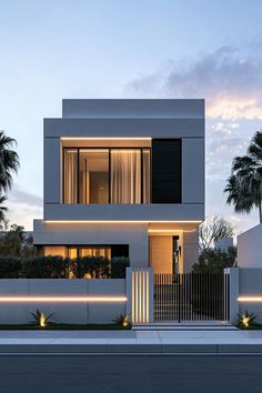 a modern house is lit up at night with palm trees in the front and side