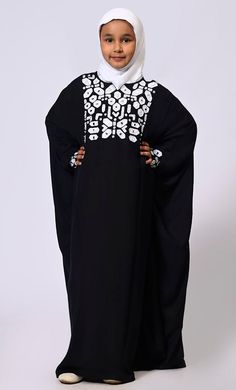 Girls Black Kaftan Abaya with Mirror Work Embroidery and Inside Belt - EastEssence.com Black Dresses With Traditional Patterns For Eid, Traditional Black Free Size Dress, Black Kaftan With Dabka Work For Eid, Black Kaftan With Traditional Patterns For Eid, Traditional Black Free Size Kaftan, Festive Black Kaftan With Traditional Patterns, Eid Dresses With Traditional Black Patterns, Eid Black Kaftan With Dabka Work, Black Dabka Work Kaftan For Eid