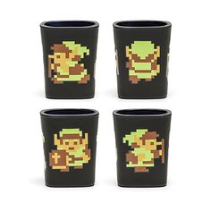 four shot glasses with the legend of zelda characters on them, all in black