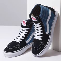 The Sk8-Hi was introduced in 1978 as Style 38, and showcased the now-iconic Vans Sidestripe on a new, innovative high top silhouette. As only the second model featuring the recognizable marker formerly known as the “jazz stripe,” the Sk8-Hi brought a whole new look to the Vans family. Honoring that first legendary high top, the Sk8-Hi is made with sturdy suede and canvas uppers in a variety of classic and unexpected colorways. This lace-up shoe also includes re-enforced toe caps, supportive padd Vans Azul, Vans Sk8 Hi Platform, Estilo Vans, Tennis Girl, Sk8 Hi Vans, Tenis Vans, Vans Outfit, Sneakers Vans, Blue Vans