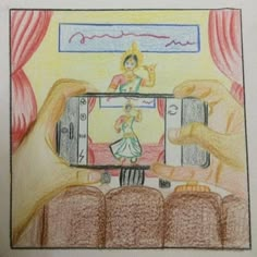 a drawing of a person taking a picture with their cell phone in front of them